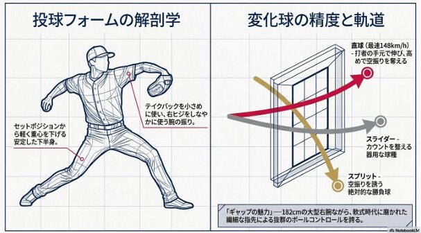 しなやかな腕の振りと安定した下半身のフォーム解説。打者の手元で伸びる直球や、スライダー、勝負球のスプリットの軌道が示されている 。