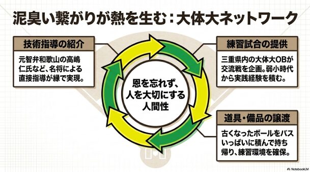 練習試合の提供、道具の譲渡、名将による技術指導など、大体大ネットワークによる多角的な支援を示すサイクル図 。