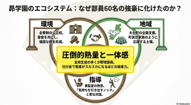 全寮制の絆、東監督の熱意、大台町の支援、学校全体の一体感という、昴学園を支えるエコシステムを解説した図 。