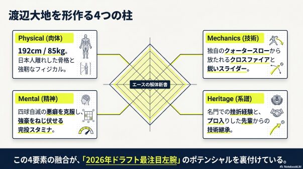 渡辺大地投手のポテンシャルを「Physical」「Mechanics」「Mental」「Heritage」の4項目で分析したレーダーチャート図。