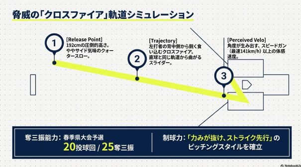 192cmのリリースポイントから、左打者の背中側から食い込むクロスファイアとスライダーの軌道シミュレーション。