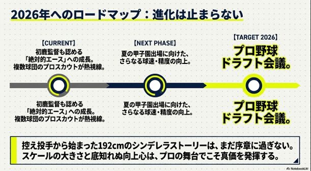 夏の甲子園出場、そして2026年プロ野球ドラフト会議指名を目指す渡辺大地投手の、現在から将来に向けたステップアップのロードマップ。