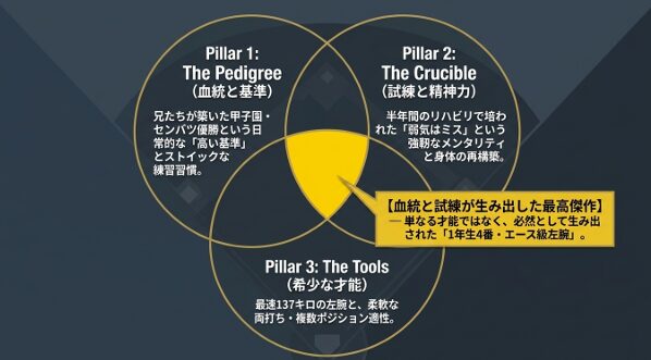 血統（Pedigree）、試練（Crucible）、才能（Tools）の3つの観点から梅村選手の強さの理由を解説したまとめスライド。
