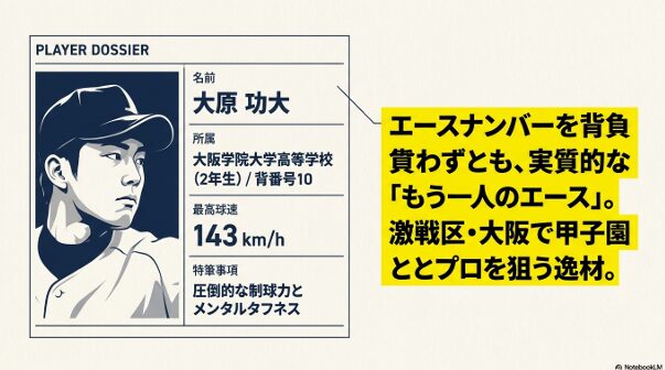 大阪学院大学高等学校2年、大原功大投手の背番号・球速・特徴の概要   