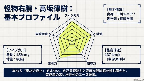 高坂律樹選手の身長、体重、最高球速、思考力の5角形チャート。