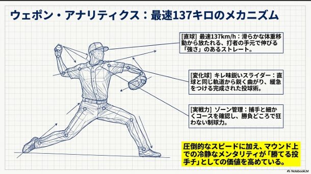 投球フォームの解析図と、最速137km/hの直球、キレのあるスライダーの解説