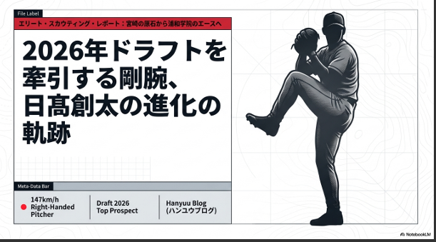 浦和学院の日髙創太投手。2026年ドラフト候補の進化の軌跡をたどるタイトルスライド。