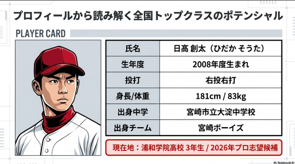 日髙創太のプロフィール。身長181cm、体重83kg、右投右打、宮崎市立大淀中学校出身。