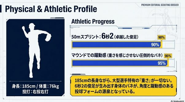 185cmの長身と50m走6秒2の俊足を持つ川島謙心選手の身体能力プロフィール。
