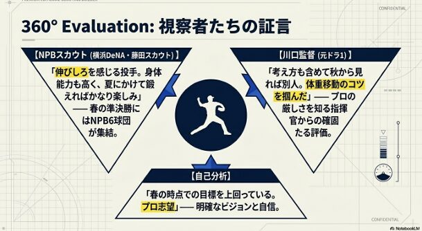 横浜DeNAの藤田スカウト、川口監督、そして本人の自己分析をまとめた川島謙心選手の360度評価シート。