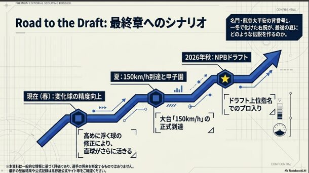 変化球の精度向上から夏に向けた150km/h到達、そして2026年秋のドラフト上位指名を目指す川島謙心選手のロードマップ。