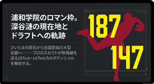 浦和学院高校の大型右腕・深谷漣投手のポテンシャルとドラフトへの軌跡を解説するスカウティング資料の表紙。187cm・147km/hの文字。