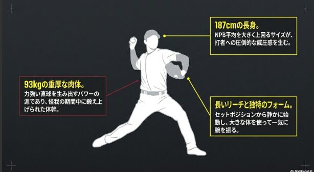 深谷漣投手の体格分析スライド。187cmの長身による威圧感、リハビリ期に鍛え上げた93kgの肉体、長いリーチを活かす独特のセットポジションフォームを解説。