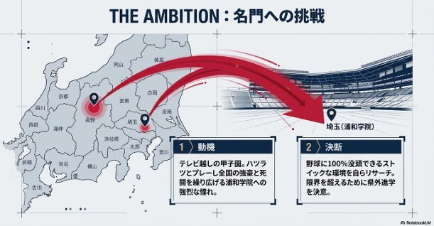長野県から埼玉の名門・浦和学院高校への進学を決めた理由を解説するスライド。テレビで見た甲子園への強烈な憧れ（動機）と、野球に100%没頭できるストイックな環境を自ら求めた決断。