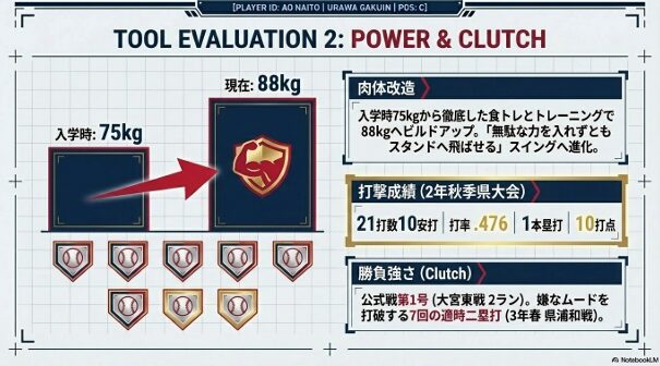 内藤蒼選手の打撃評価スライド。入学時75kgから88kgへの肉体改造、「スタンドへ飛ばせる」スイングへの進化。2年秋季県大会の成績（21打数10安打、打率.476、1本塁打、10打点）と大宮東戦・県浦和戦での勝負強さ。