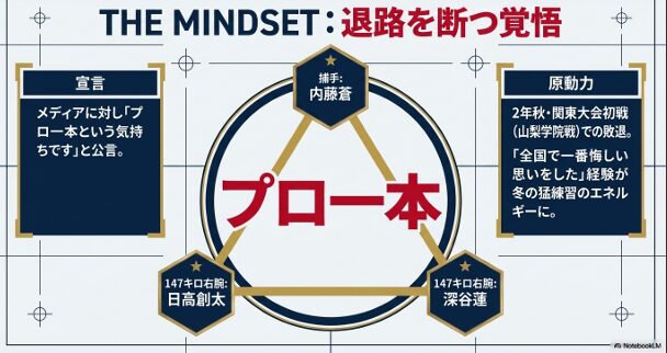 内藤蒼選手の精神面を表したスライド。メディアへ「プロ一本」と公言した覚悟。2年秋の関東大会（山梨学院戦）での敗退の悔しさを原動力に、147キロ右腕の日高創太・深谷蓮とともに冬の猛練習を乗り越えたエピソード。