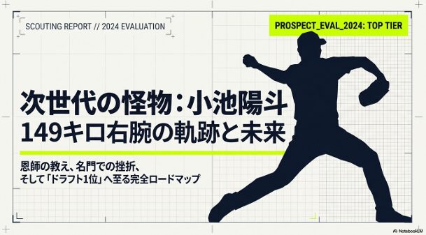 セットポジションからのスリークォーター気味のフォーム解説と、目標とする巨人・大勢投手のような「1球で球場の雰囲気を変えられる選手」を目指すスター性とリリーフ適性を解説したスライド