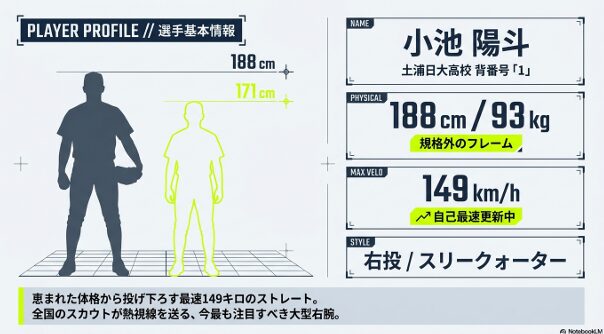 セットポジションからのスリークォーター気味のフォーム解説と、目標とする巨人・大勢投手のような「1球で球場の雰囲気を変えられる選手」を目指すスター性とリリーフ適性を解説したスライド