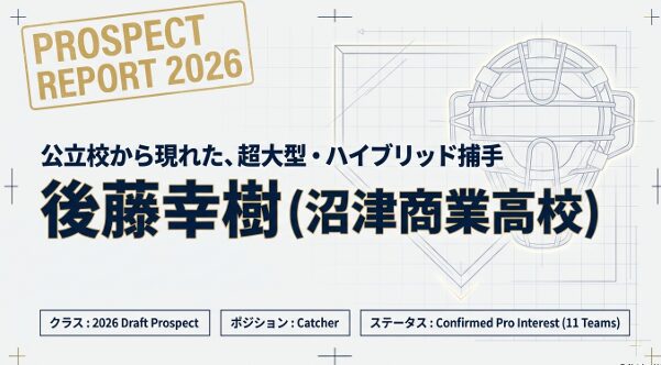 沼津商業高校の後藤幸樹選手を紹介する2026年ドラフトプロスペクトレポートのスライド。公立校から現れた超大型・ハイブリッド捕手で、11球団のプロスカウトが注目している旨が記載されている。