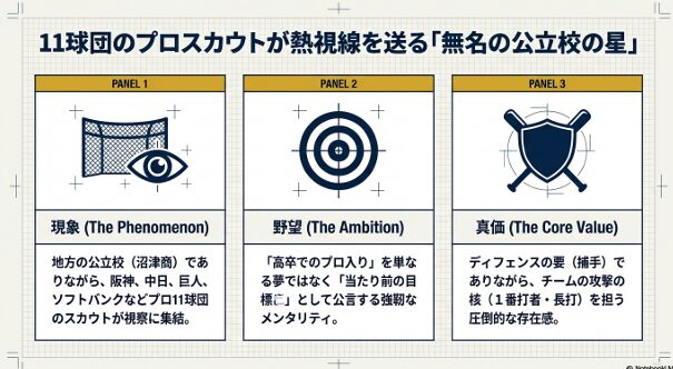 11球団のプロスカウトが視察に集結する現象、高卒でのプロ入りを当たり前の目標とする野望、1番打者で長打も打つ捕手としての真価をまとめたスライド