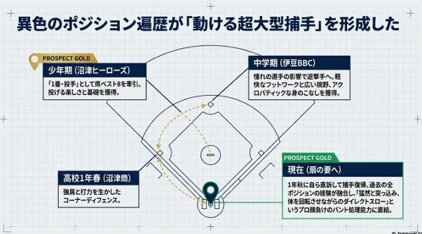 少年期の沼津ヒーローズでの「1番・投手」、中学期の伊豆BBCでの「遊撃手」、高校1年春の「コーナーディフェンス」、そして現在の「捕手（扇の要）」へと至るポジション遍歴の図解スライド