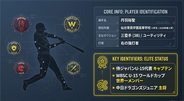 丹羽裕聖選手のプロフィール。三塁手を主なポジションとする右の強打者で、中日ジュニア主将、侍ジャパンU-15代表キャプテン、WBSC U-15ワールドカップ世界一メンバーなどの経歴が記載されています。