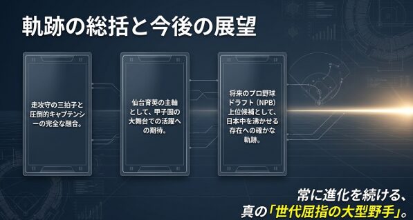 走攻守の三拍子とキャプテンシーの融合、甲子園での活躍への期待、そして将来のNPBドラフト上位候補へと突き進む「世代屈指の大型野手」としての総括。