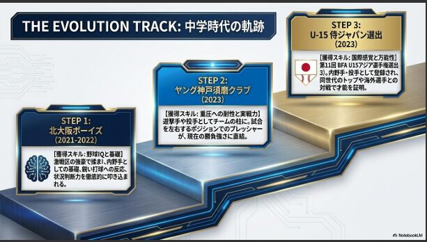 北大阪ボーイズでの基礎固め、ヤング神戸須磨クラブでの実戦力向上、U-15侍ジャパン選出による国際感覚の獲得という、辻竜乃介選手の中学時代の歩みを示すステップ図。