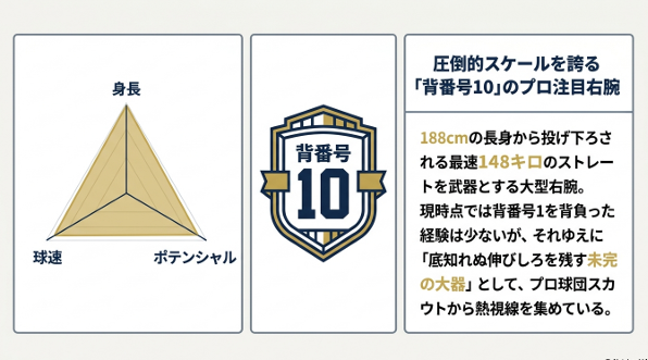 報徳学園の背番号10を付けた江藤達成投手の紹介。188cmの長身から投げ下ろす最速148キロのストレートを武器に、底知れぬ伸びしろを残す未完の大器としてプロ球団のスカウトから熱視線を集めていることを示すスライド画像。