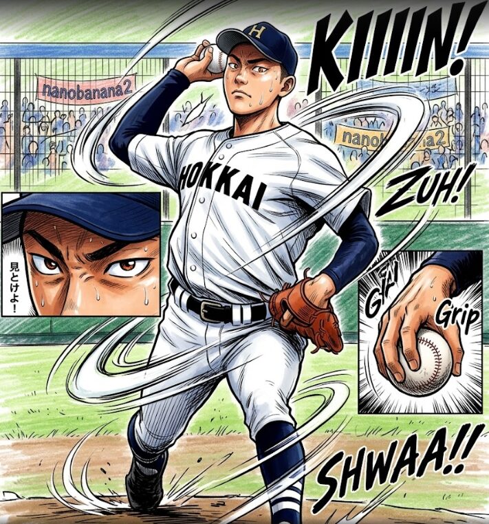 高校野球のピッチャーがマウンドから力強く投球する瞬間を描いた、躍動感のあるカラーの漫画風イラスト