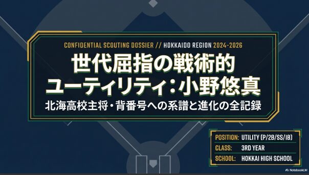 小野悠真選手の特徴である巧打の2番打者、堅守の二遊間、技巧派の先発・救援投手、精神的支柱という4つの役割を十徳ナイフに例えたイラスト資料。