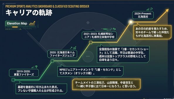 東雲ファイターズ、日本ハムジュニア、札幌新琴似シニア(栄南中学校)、北海高校へと続く小野悠真選手の成長プロセスと、仲間との約束を描いたタイムライン。
