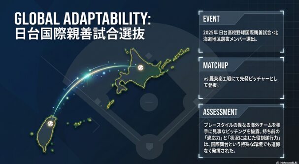 2025年日台高校野球国際親善試合の北海道地区選抜に選ばれ、羅東高工戦で先発登板して高い適応力を発揮した実績のまとめ。