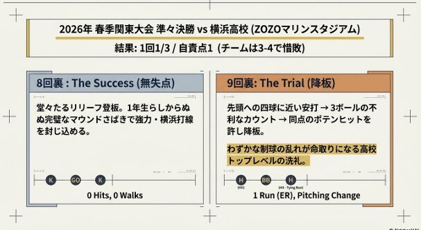 2026年春季関東大会の横浜高校戦における則永大輔投手のデビュー戦データをまとめたスライド。8回裏の無失点リリーフと9回裏の降板シーンを、配球・安打・四球のインジケーターとともに解説。