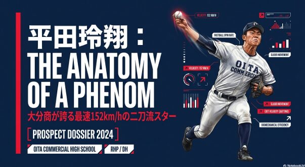 Alt: 大分商が誇る最速152キロの二刀流スター、平田玲翔選手のピッチングフォームを図解したインフォグラフィック