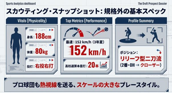 身長188センチ、最速152キロ、高校通算本塁打20本など、平田玲翔選手の規格外の基本スペックをまとめた図解