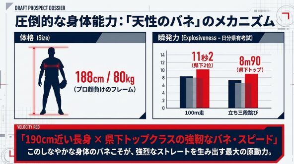 100m走11秒2、立ち三段跳び8m90という大分県下トップクラスの記録を示す、平田玲翔選手の身体能力グラフ