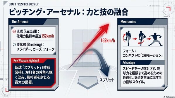 最速152キロの直球や新球スプリット、2段モーションなど、平田玲翔選手の投球メカニズムを解説した画像
