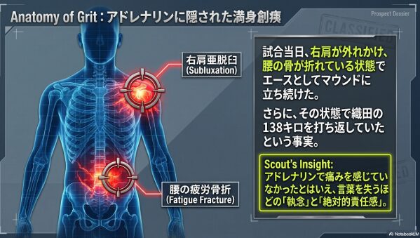 試合当日に深町光生が抱えていた右肩の亜脱臼と腰の疲労骨折の箇所を示した人体図解