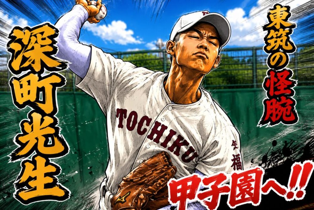 「東筑の怪腕 深町光生 甲子園へ！！」の文字と、力強く投球するTOCHIKUユニフォームの高校球児のイラスト