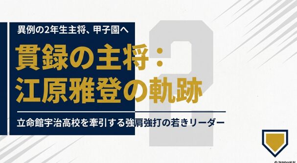 立命館宇治高校を牽引する強肩強打の若きリーダー、江原雅登選手の軌跡を示すスライド