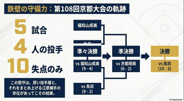第108回京都大会において5試合4人の投手で10失点に抑えた、立命館宇治高校の堅守を示すスコア記録