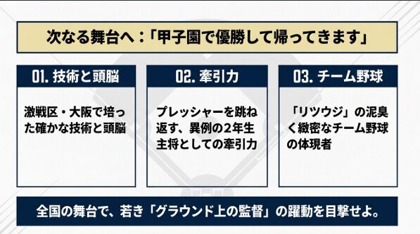 技術と頭脳、牽引力、泥臭く緻密なチーム野球を武器に「甲子園で優勝して帰ってきます」と宣言する江原雅登選手の展望