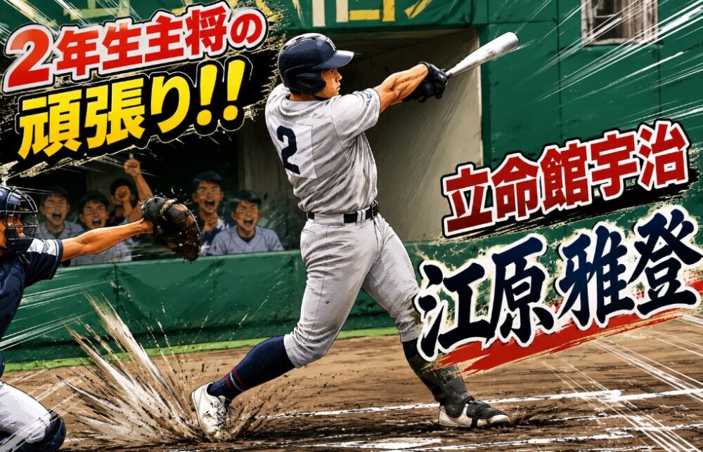 立命館宇治高校の2年生主将、江原雅登選手が右打席で豪快なスイングを見せる熱血マンガ風イラスト。「2年生主将の頑張り!!」の文字