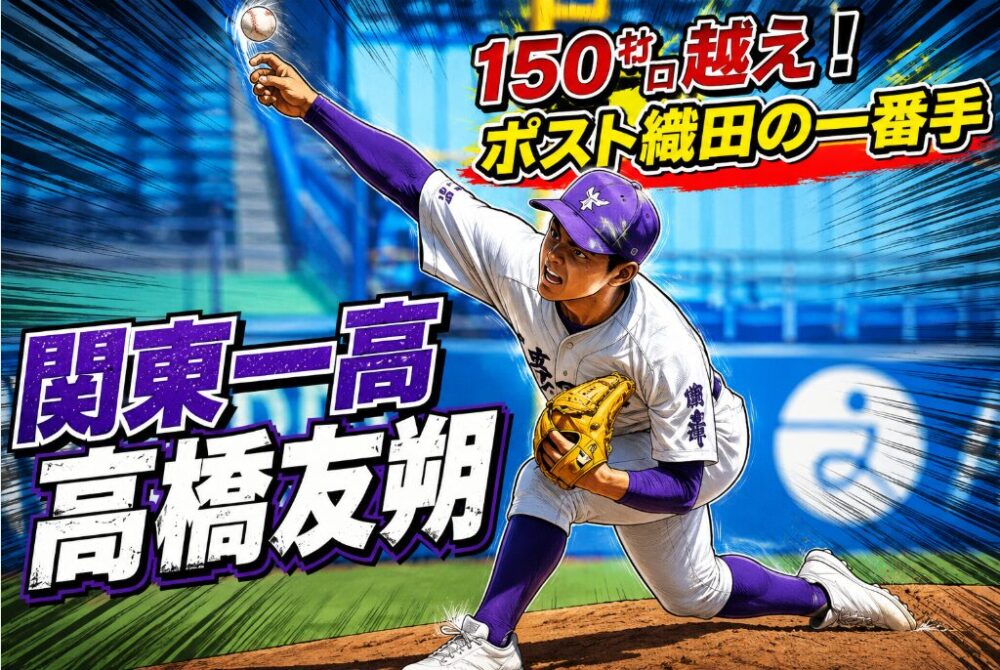 関東第一高校の最速150キロ右腕、高橋友朔選手のダイナミックな投球フォームを描いたマンガ風アイキャッチ画像。「ポスト織田の一番手」のテキスト入り