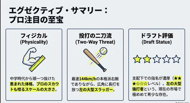 田中皐晴選手のフィジカル、投打の二刀流、ドラフト評価の概要がまとめられたエグゼクティブ・サマリーの画像