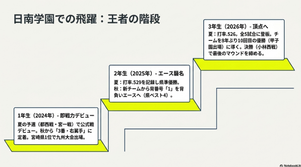 田中皐晴選手の日南学園入学から3年生までの活躍と成績推移を階段状に表した画像