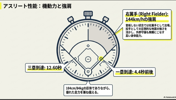 144km/hの強肩や、一塁到達4.4秒、三塁到達12.60秒といった田中皐晴選手の高い身体能力と走力を示す画像