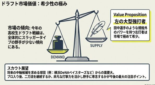 今年のドラフト市場における、左の大型強打者としての田中皐晴選手の希少性とスカウト展望を解説した画像