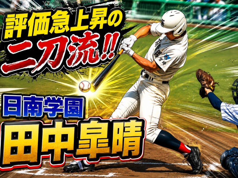 評価急上昇の二刀流！日南学園・田中皐晴選手が左打席でフルスイングするダイナミックなイラスト画像